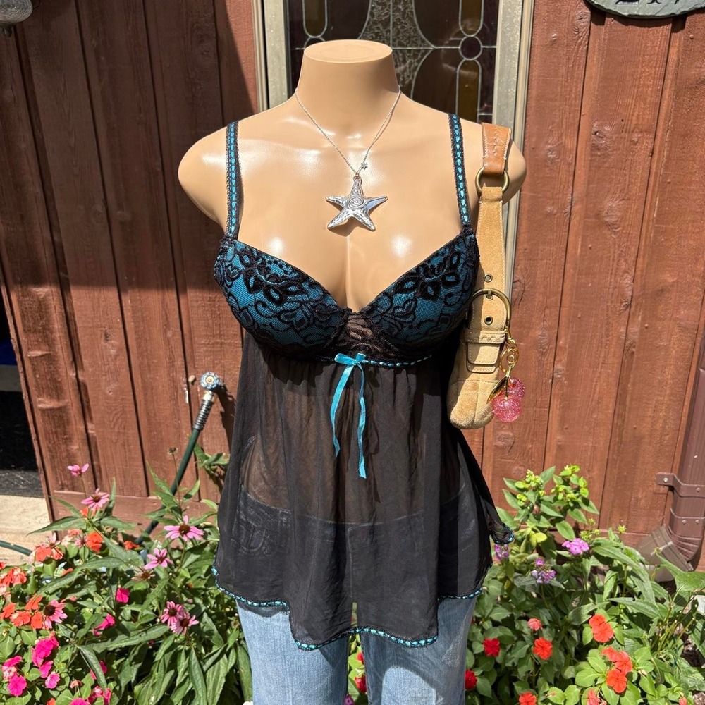 y2k 2000s bimbo black blue lace babydoll top